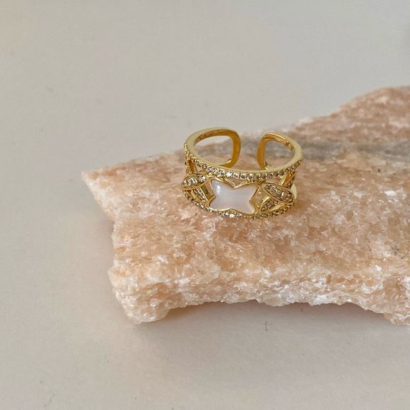 Gold Cross Mother of Pearl Statement Ring - Picture 3 of 4